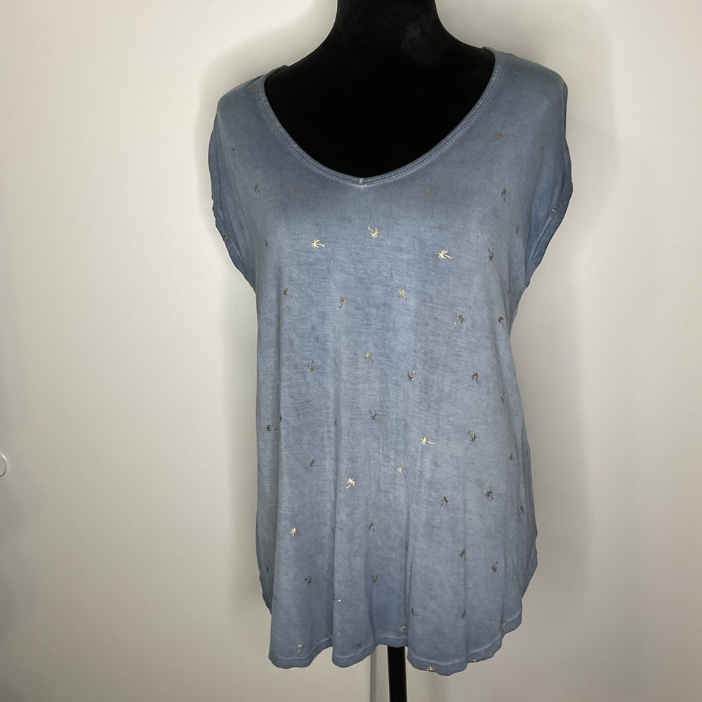 Cable & Gauge Blue Tank Top with Metallic Gold Palms Accents